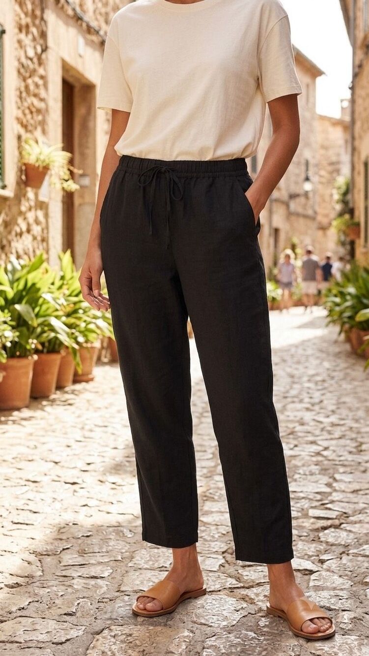 H&M Black Linen Blend Drawstring Jogger Pants Size Medium Casual Summer